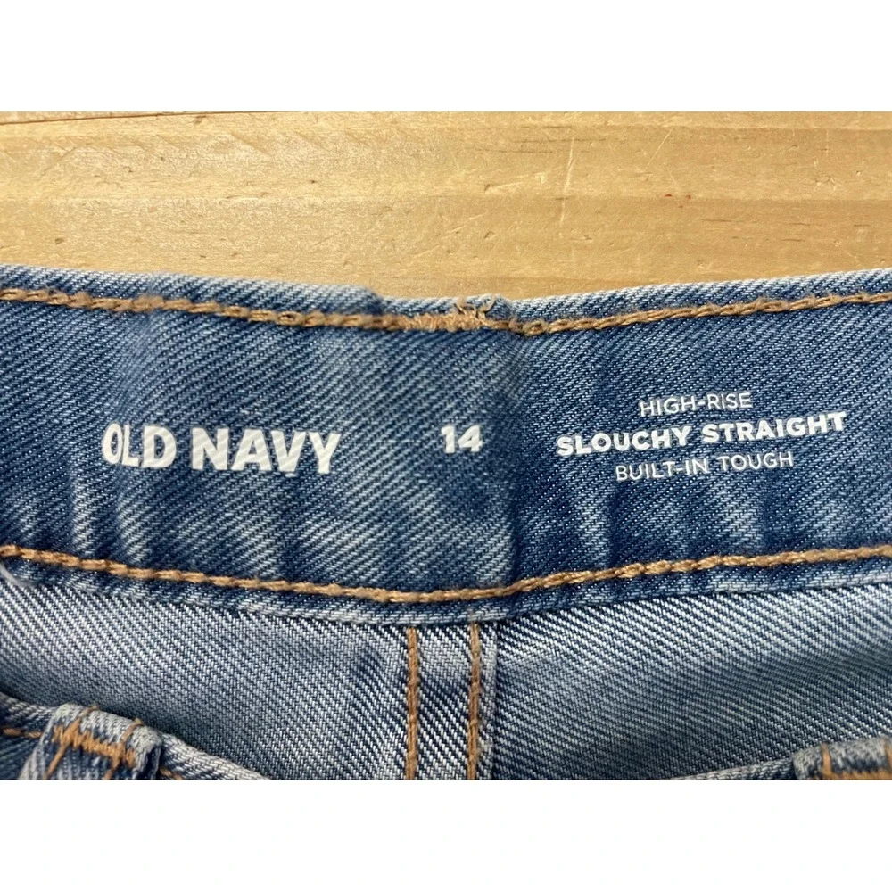 Old Navy Girls Size 14 High-Rise Slouchy Straight Jeans Built-In Tough Blue Wash